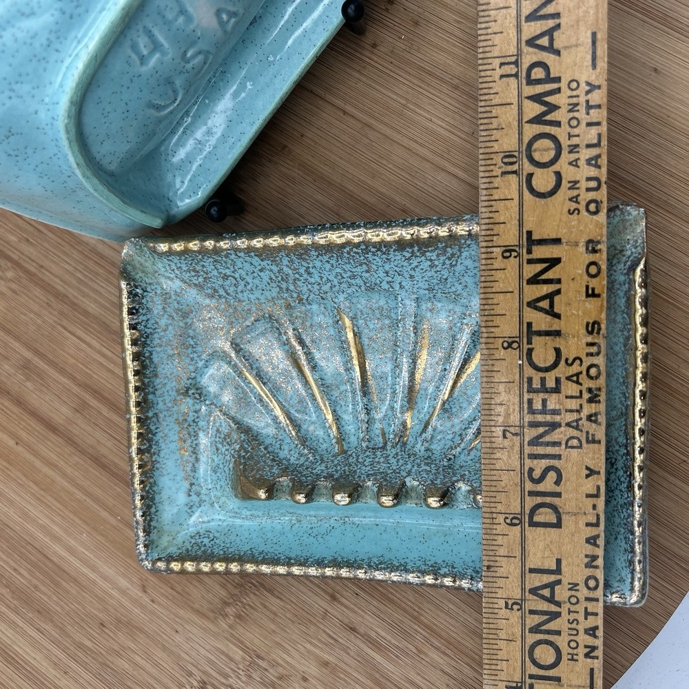 Pair Ashtrays Blue/Gold  Mid Century Modern Ceramic Glazed Retro Made In USA MCM - Picture 5 of 6